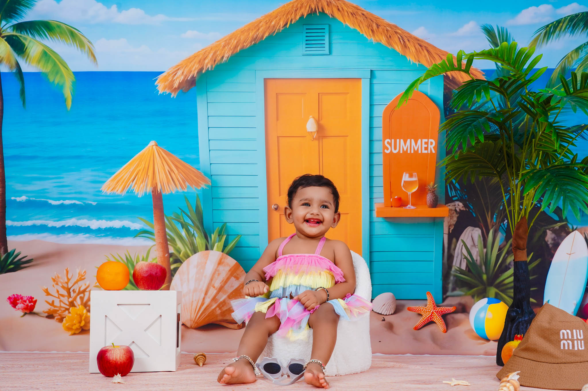 Pink beach theme baby shoot in Madurai